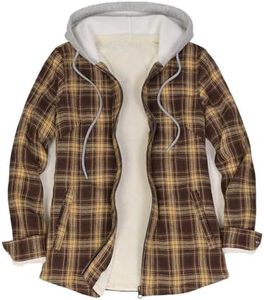 ZENTHACE Women's Plaid Zip Front Sherpa Lined Jacket Warm Long Sleeve Drawstring Hoodie Flannel Christmas Overshirt Jacket BrownC S