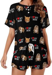 Ufkaa Custom Face Pajamas Set for Mom, Personalized Funny Dog Cat Pet Photo Pjs, Soft Picture Short Sleepwear, Unique Christmas Mothers Day Gift from Daughter Son I Heart My Mom