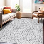 Lansny 8x10 Moroccan Area Rugs, Boho Lage Rug for Living Room, Non-Slip Foldable Washable Rugs Accent Distressed Print Faux Wool Indoor Rugs for Bedroom Office Dining Room，Light Grey Beige