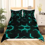 Teal and Black Print Duvet Cover Hexagonal Bedding Set Kids Boys Teens Honeycomb Decor Comforter Cover Beehive Simplistic Geometric Bedspread Cover Bedroom Collection 2Pcs Twin Size