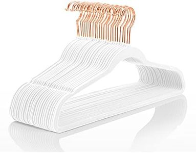 MIZGI Premium Velvet Hangers (50 Pack) Heavy Duty - Non Slip Felt Hangers - White - Rose Gold Swivel Hooks,Space Saving Clothes Hangers,Durable Strong Hangers for Suits,Coats,Dress