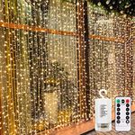 echosari 300 LED Curtain Lights Battery Operated, 9.8Ft x 9.8Ft Outdoor Curtain Lights for Bedroom, Wedding Backdrops, Christmas, Party Decór (Warm White)