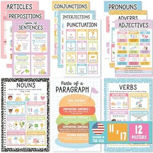 Parts of Speech Posters for Classroom Must Haves - 12 English Grammar Posters for Classroom, Writing Process Language Arts Elementary & Middle School, ELA 3rd 4th & 5th Grade Pastel Classroom Decor