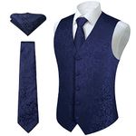 HISDERN Men's Floral Wedding Party Waistcoat Necktie Pocket Square Handkerchief Jacquard Vest Suit Set , Navy Blue 1, L