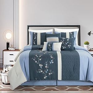 Chezmoi Collection Linnea 7-Piece Luxury Blue Navy Gray Cherry Blossom Floral Embroidery Comforter Set, Queen