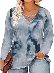 CARCOS Women Plus Size Fall Tops Long Sleeve Criss Cross Tie Dye Shirt Ligth Blue T Shirt V Neck Tunics Fall Tee Loose Fit Casual Pullover Tee 5XL 28W