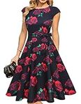 DRESSTELLS Vintage Tea Dress for Women, Modest Bridesmaid Dress for Wedding, Casual Floral Work Dresses, 1950s Cocktail Party Dresses, Fit Flare Prom Dress Black Rose S