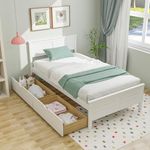Giantex Wood Twin Bed with 2 Storage Drawers, Solid Wood Platform Bed with Headboard, Wooden Slats Support Mattress Foundation, No Spring Needed, Twin Bed Frame for Kids, Teens, Adults, White