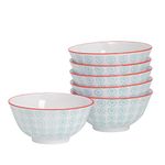 Nicola Spring Patterned Cereal Bowl - Turquoise - 16cm - Pack of 6 - Hand Printed Japanese Style Porcelain Serving Bowls for Dessert, Pasta, Cereal, Salad, Noodles, Soup