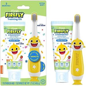 Firefly First Training Kit, Light Up Toothbrush and Natural Strawberry Flavor Training Toothpaste, Baby Shark