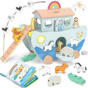 Joydaily Wooden Noah's Ark Toy for 1-3 Year Old Baby Boy Girl Baptism Gifts
