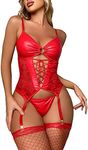 OYOANGLE Women's Floral Lace Lingerie Sets with Garter Belt 3 Piece Teddy Babydoll Bodysuit Red S