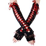 JISEN Womens Fingerless Gloves Elbow Lace Up steampunk Costume Arm Warmer Nylon Red