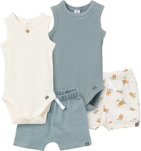 Modern Moments by Gerber Baby Boys' Ribbed 4-Piece Sleevless Bodysuit & French Terry Short Set, Cream/Teal, 12 Months