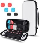 DLseego Carrying Case Compatible with Switch/Switch OLED Model, Shockproof Hard Shell Protective Travel Bag 10 Game Card Slots for Switch Console Joy-Con & Accessories with 6 Thumb Grip Caps – White