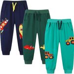 GFQLONG 3 Pack Baby Boy Drawstring Elastic Sweatpants,Toddler Cotton Dinosaur Active Jogger Pants with Pockets, Green&blue, 2-3 Years