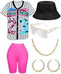 80s 90s Outfit for Women, Unisex Hip Hop Costume Baseball Jersey Shirt Yoga Pants Bucket Hat Gold Chain Rapper Accessories, White-pink