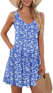 AUSELILY Women Summer Casual T Shirt Dresses Beach Cover up Plain Pleated Tank Dress(XL,Floral Blue White)