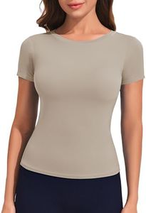 PINSPARK Womens Short Sleeve Double Lined Shirts Compression Cropped Workout Shirts Crew Neck Fast Dry Activewear Tops Khaki M