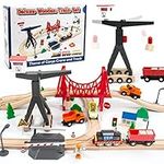 Wooden Train Set, 56-Piece Deluxe Kids Toy Train Set for 2 3 4 5 Year Old Boy, Cargo-Themed Train Track with Tower Crane & Suspension Bridge - Fits Thomas Brio Chuggington Melissa Orbrium