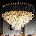 Gold Modern Crystal Chandelier 5-Tier Black and Gold Chandeliers for Dining Room 12 Lights K9 Round Large Crystal Ceiling Pendant Light Fixture for Living Room Bedroom Entryway Kitchen Island W24in