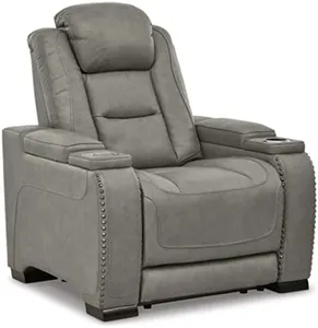 Signature Design by Ashley The Man-Den Leather Power Recliner with Adjustable Headrest & Wireless Charging, Gray