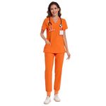 COZYFIT Scrubs for Women Set - Stretch V-Neck Scrub Top & Jogger Pant with 8 Pockets, Yoga Waistband, Anti Wrinkle, Slim Fit Women Scrubs - Orange, M