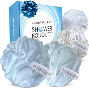 Loofah-Bath-Sponge XL-75g-Soft-Set by Shower Bouquet: 4-Pack-Pastel-Colors - Extra-Large Mesh Pouf Scrubber for Men and Women - Exfoliate with Big Lathering Cleanse