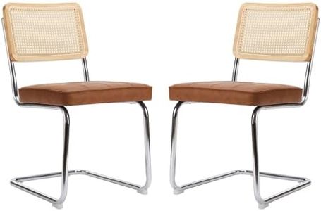 COLAMY Mid Century Modern Dining Chairs Set of 2, PU Leather Rattan Dining Room Kitchen Side Chairs with Upholstered Seat and Metal Chrome Legs for Home, Living Room, Bedroom - Brown