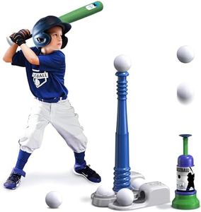 QDRAGON 2 in 1 T Ball Sets for Kids 3-5 5-8, Tee Ball Set with Automatic Pitching Machine/Adjustable Batting Bat & Stand/6 Balls, Baseball Toys Outdoor Sport for Toddlers Boys, Blue