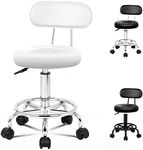 ALFORDSON Salon Stool Declan Round Swivel Drafting Rolling Stools with 47.5-62cm Height Adjustment PU Leather Spa Stool with Footrest Wheels Backrest Hair Dress Massage Barber Chair (White)