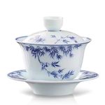 fanquare Blue and White Gaiwan Bamboo Leaves Porcelain Chinese Traditional Sancai Tea Bowl with Lid Vintage Tea Cup Saucer Cover Set 180ML