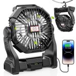 DOWILLDO 10400mAh Battery Operated Fan, Camping Fan Rechargeable with LED Light & Hooks, Portable Tent Fan Outdoor for Picnic, Barbecue, Fishing, Travel（Black）