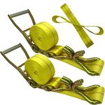 Ratchet Straps， 2" x 17' Heavy Duty Straps Load up to 10000Lbs Cargo Straps for Heavy Duty ，Double J Hooks Straps for Trucks for Moving Appliances, Lawn Equipment and Motorcycles Yellow