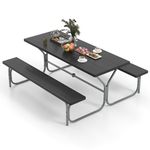 Tangkula 6 Ft Picnic Table, Outdoor Picnic Table with 2 Built-in Benches, Umbrella Hole, Metal Frame & HDPE Tabletop, 8-Person Large Picnic Table and Bench Set for Garden, Backyard, Patio (Black)