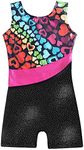 Belovance Leotards for Girls Gymnastics with Shorts Sparkle Butterfly Flowers Pattern Sleeveless Biketards Hotpink Black, Rainbow Heart, 2-3 Years