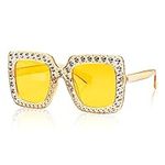 Jagowa 1 Piece Rhinestone Square Sunglasses Large Frame Crystal Sunglasses for Women Dress Costume Accessories (Yellow)