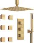 GRANDJOY Thermostatic Shower System in Wall, 12" Ceiling Mount Rainfall Shower Faucet Set with Handheld Sprayer & 6 Body Jets, Brushed Gold