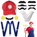 ZOCONE Mario Costume Accessories 13 PCS Mario and Luigi Costume Adult Set, Mario Costume Kits with Mario Hat Suspenders 7Mustaches 2Gloves 2Buttons Mario Fancy Dress for Carnival Costume Women Men