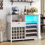 DWVO 47" Wine Bar Cabinet with LED Lights and Power Outlets, Modern Liquor Cabinet with Storage and Drawer, Bar Table with Wine Rack for Kitchen Dining Living Room, Washed White