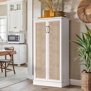 NEWOWNDS LED Kitchen Pantry Cabinets 50" - Food Storage Cabinets with Rattan Doors with Shelves Adjustable for Kitchen (Classic White Rattan, 50'' H)