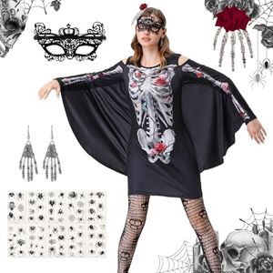 IEEILULU Robe Squelette Femme, Déguisement Chauve Souris Femme avec Motif Squelette, Costume Squelette Femme, Deguisement Halloween Squelette Femme Grande Taille L-XXL avec Bandeau, Masque, Bas(XL)