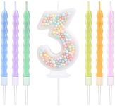 EAKE 3 Birthday Candle with 6 Pcs Rainbow Pearl Candles, 3D Macaron Glitter 3 Candle Birthday Girl Women 3 Years Old Birthday Wedding Anniversary Party Cake Decoration