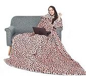 Alcea Rosea Plush Fleece Wearable Blanket Velveteen Soft TV Blanket with Sleeves and Back feet Pocket and Pockets,Warm Big Throw Blanket Robe for Adult Women/Men-79'' x 60'' (Pink Leopard)