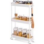 KINGRACK 3-Tier Slide Out Storage Cart, Slim Rolling Cart on Wheels,Slim Storage Cart, Space-Saving Bathroom Storage,Kitchen,Narrow Place,White