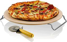 OVENTE Pizza Stone, Ceramic, 13”, Thermal Shock Resistance, Multipurpose Rack/Handle, Free Crust Cutter Wheel (BW10132), 13 inches, Brown