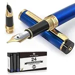 Dryden Designs Fountain Pen - Medium and Fine Nibs | Includes 24 Ink Cartridges and Ink Refill Converter | Calligraphy Pen, Consistent Writing, Smooth Flow - Mysterious Blue