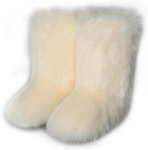 ZOSCGJMY Faux Fur Boots for Women Fuzzy Fluffy Furry Round Toe Suede Winter Snow Boots Flat Shoes, Beige, 8 US