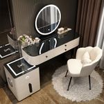 MJKCBD Dressing Table with 3 Color LED Mirror and Soft Stool, Makeup Vanity Desk with Bluetooth Speaker Side Cabinet and USB/Wireless Charging & 5 Drawers for Women Girls,White, 31.5″