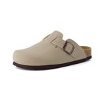 CUSHIONAIRE Hana Slip-On Buckle Clog with Cork Footbed +Memory Foam, Wide Widths Available, Stone, 7 Wide